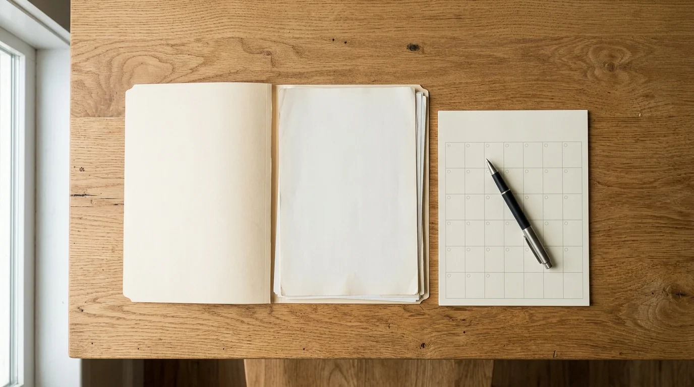 Folder, calendar, and pen on a desk for legal documents and draft notice deadlines