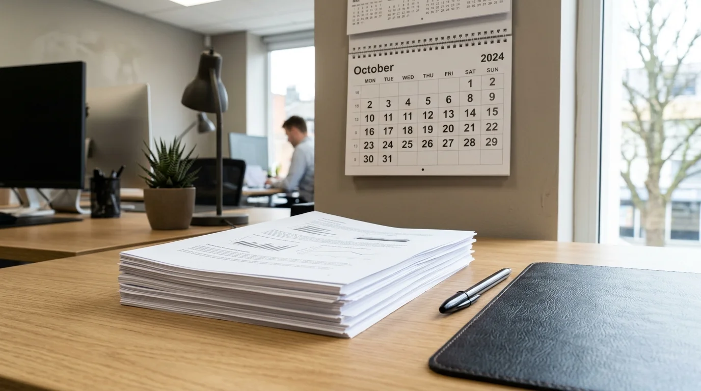 Copies of papers, a calendar, and a pen on a desk