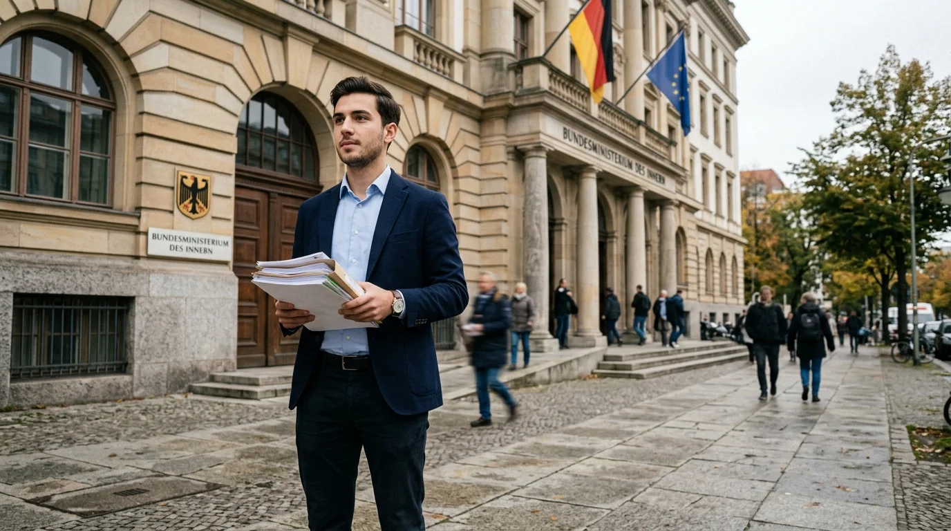 Молодой мужчина с документами у здания госучреждения