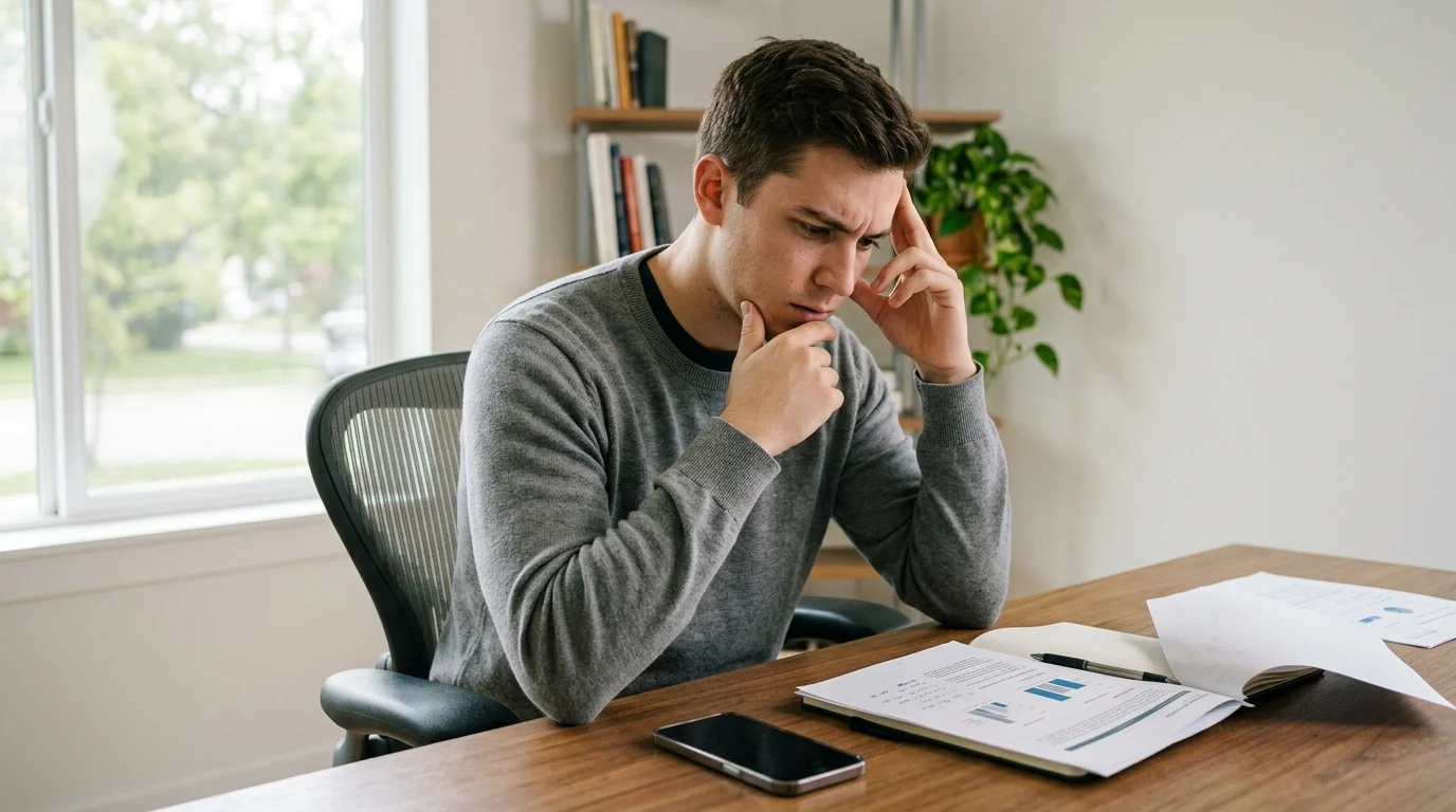Young man with papers and phone near desk for draft appeal